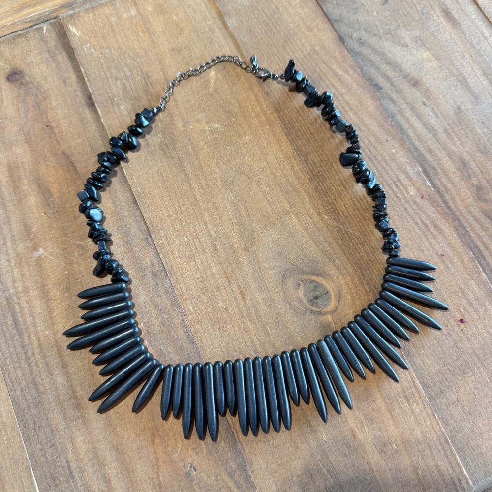Black Stone Chip and Spike Statement Necklace Gunmetal Adjustable Fringe Edgy
